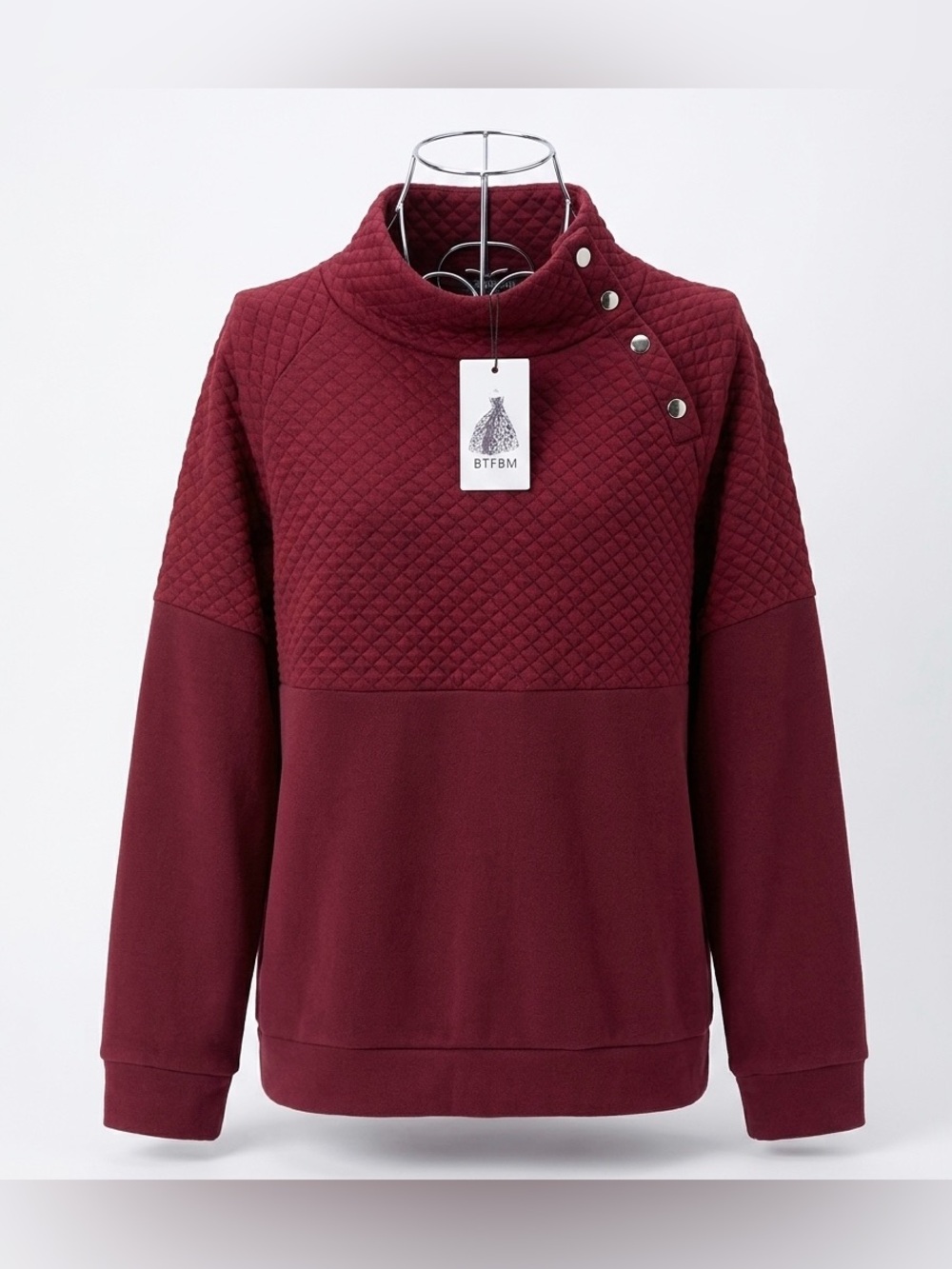 BTFBM NWT Women's Quilted Burgundy Snap-Shoulder cowl neck Sweatshirt - size xl
